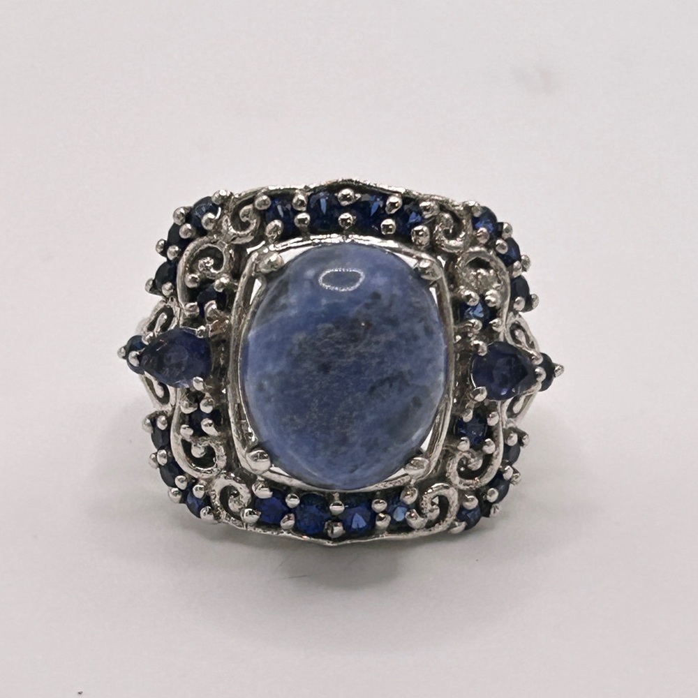 Sodalite and Sapphire Ting; Size 6.75; PtB